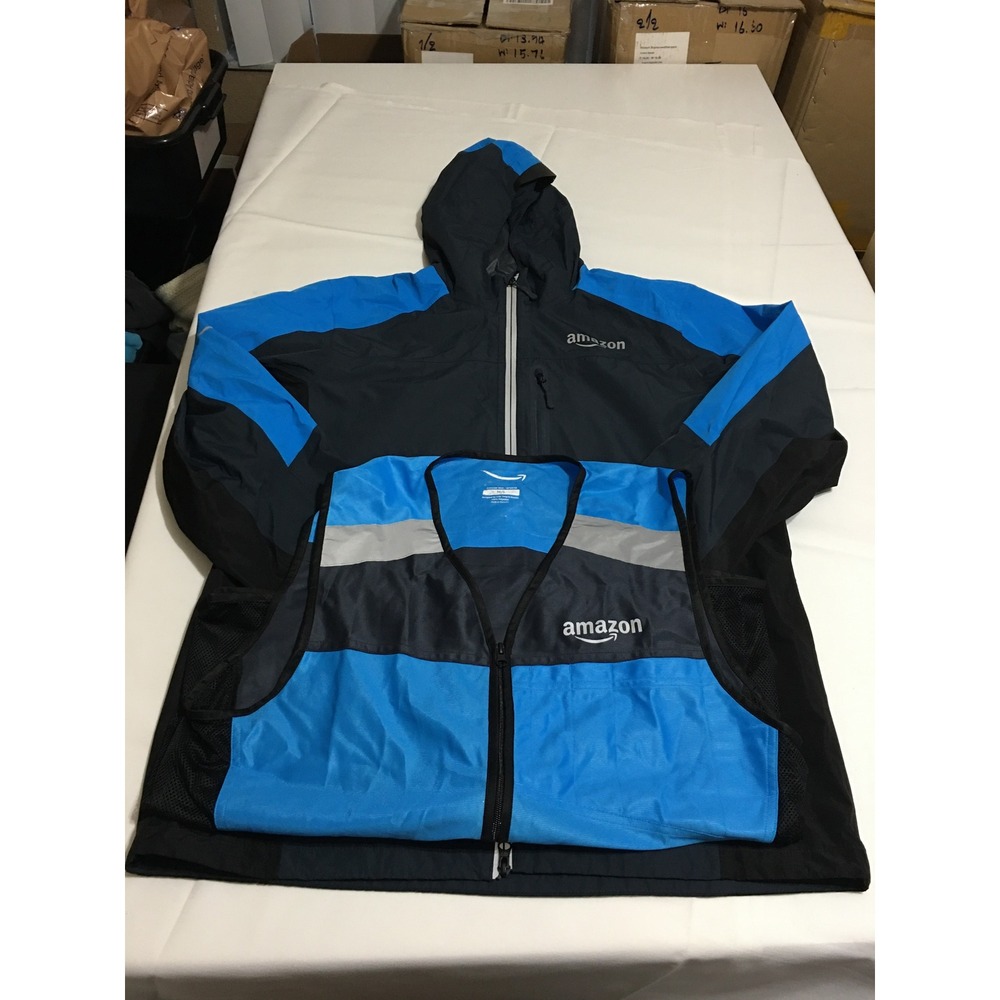 Lot of 2 Amazon Tropical Rain Shell Jacket Large Blue Hooded Reflective Vest M/L